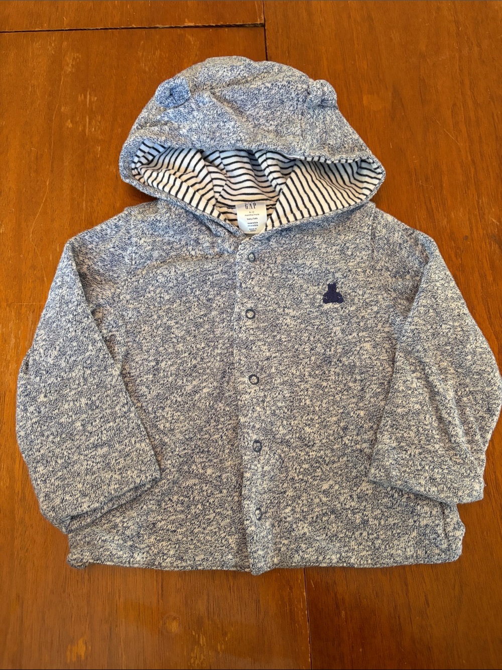 🫐3/$30 BabyGAP Heather Blue Hooded Knit Snap Reversible Striped Cardigan 6-12m